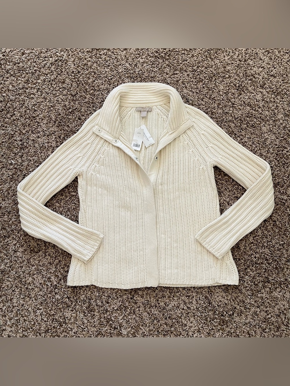 NWT Banana Republic‎ Cream Textured Mock-Neck Cardigan Women's Size L Cashmere